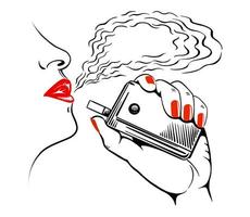 Sketch of a female profile, with red lipstick painted lips, exhales steam. Hand with electronic cigarette, tobacco heating system. Drawn by hand. Isolated on white background. Vector. vector