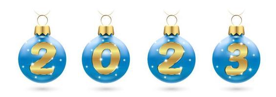 Numbers 2023 from golden confetti in New Year's red balls, Christmas tree decorations. Festive layout for banners, posters, greeting cards in the New Year. 3d realistic Vector. vector