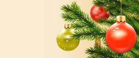 Christmas banner with fir branches yellow and red balls. Copy space. 3d realistic illustration on light background vector