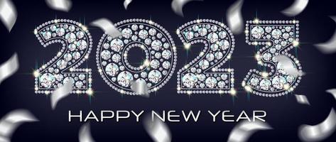 New Year 2023 luxurious numbers of diamond gemstones sparkling against a background of falling silver-colored confetti. Black background, vector illustration.