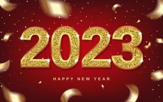Christmas 2023 numbers sparkle with gold, ribbons and swirling confetti. symbol with soft shadow. 3D realistic illustration. Red background. Vector. vector