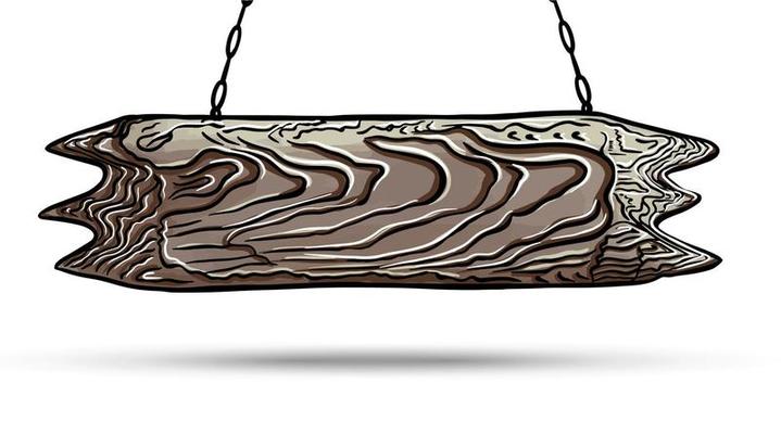 Sketch-style wooden plank with hand-drawn wood texture hanging from chains. Isolated on white background. Vector.