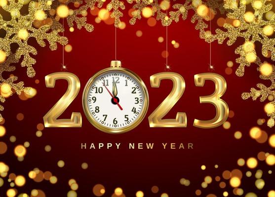 Christmas banner with clock, snowflakes and numbers 2023. Gold glitter and bright bokeh. 3D realistic illustration on a black background. vector.