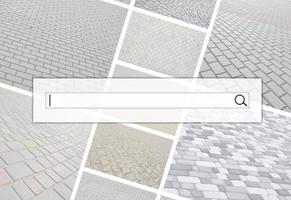 Visualization of the search bar on the background of a collage of many pictures with fragments of paving tiles close-up. Set of images with pavement stone photo