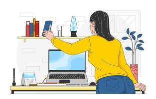 A Girl Sets Up a Comfortable Workplace at Her Home vector