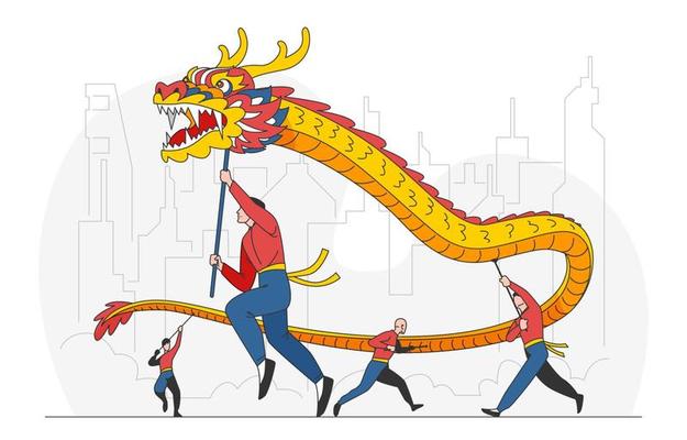 Four Young Man Performing Dragon Dance in Chinese New Year Celebration