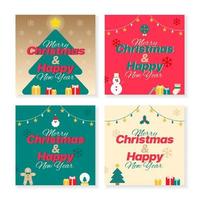 Set of Cute Merry Christmas Happy New Year Christmas Tree Snowman Candy cane Sock Gift Present Wreath Gingerbread Man Snowflake Star Decorative light Square Post Greeting Card Poster Banner Background vector