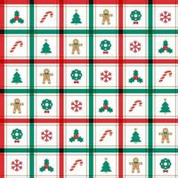 Cute Merry Christmas Tree Red Green Holly Candy Cane Gingerbread Wreath Snowflake Man Line Stripe Striped Line Mesh Grid Checkered Plaid Tartan Buffalo Scott Gingham Background Seamless Pattern vector