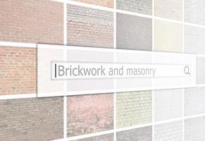 Visualization of the search bar on the background of a collage of many pictures with fragments of brick walls of different colors close up. Brickwork and masonry