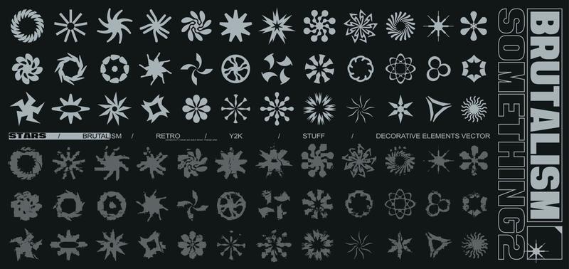 Brutalism stars decorative elements collection vector. Retro, acid, y2k creative radial icons to fill your design work. clean and distressed style
