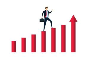 crecimiento de los beneficios empresariales, empresario inteligente de confianza saltando sobre el gráfico de barras ascendente con la flecha ascendente como escalera del éxito. vector