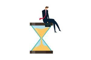 Wasting time waiting and never start new business, depressed businessman sitting on time passing sandglass or hourglass. vector