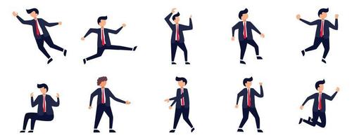 Set of Businessman or office vector characters in various poses. Cartoon young employee businessman character working