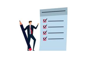 Checklist for work completion, confident businessman standing with pencil after completed all tasks checklist vector