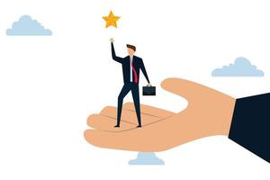 Career development support, helping hand lift up businessman employee to overcome obstacle reaching the star in the sky. vector