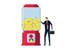 Business ideas. smart businessman with a lot of ideas standing with gumball machine with abundance of lightbulb ideas. vector