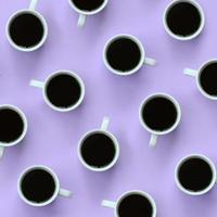 Many small white coffee cups on texture background of fashion pastel violet color paper in minimal concept photo