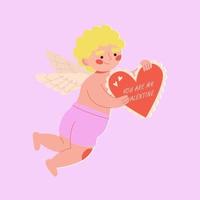 lindo cupido alado sosteniendo a san valentín eres mi san valentín para el día de san valentín. 14 de febrero. amur romántico con corazón, angelitos. ilustración de personaje de dibujos animados. vector