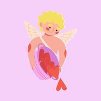 Cute winged cupid holding basket with valentines for Saint Valentines day. February 14. Romantic amur holding heart, little angels. Cartoon character illustration. vector