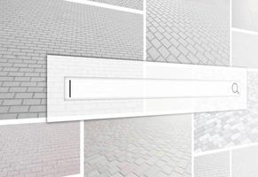 Visualization of the search bar on the background of a collage of many pictures with fragments of paving tiles close-up. Set of images with pavement stone photo