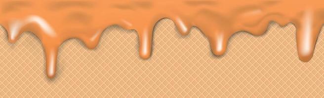 Sweet seamless panoramic ice cream pattern with dripping caramel icing and wafer texture - Vector