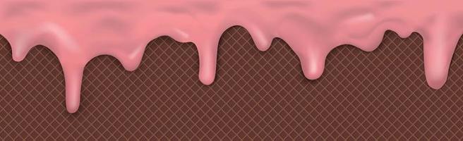 Sweet seamless panoramic ice cream pattern with dripping pink icing and wafer texture - Vector