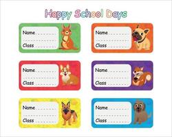 PrintNotebook labels. School name label. Bright stickers. Rectangular label. Cute characters. Color vector isolated illustration. Pro Vector