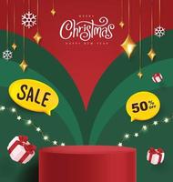 Merry Christmas banner with product display cylindrical shape and festive decoration vector