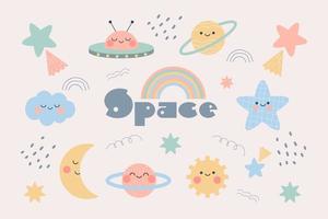 Hand drawn outer space clipart collection. Set of kawaii planets and stars characters in doodle cartoon style. vector