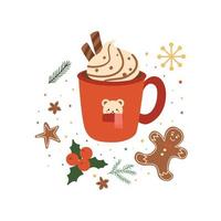 bebida caliente de navidad en taza roja con café, té, canela, chocolate caliente, crema batida y bastón de caramelo, pan de jengibre, acebo. lindo elemento de taza de navidad, año nuevo o ilustración de vector de vacaciones de invierno.