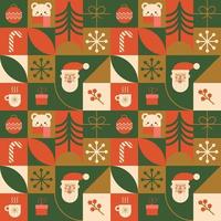 Geometric Christmas seamless pattern made from simple geometry icons - Santa, bear, candy stick, Christmas ball, tree, snowflake. Red, green and gold geometric repeat background. Vector illustration
