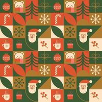 Geometric Christmas seamless pattern made from simple geometry icons - Santa, bear, candy stick, Christmas ball, tree, snowflake. Red, green and gold geometric repeat background. Vector illustration