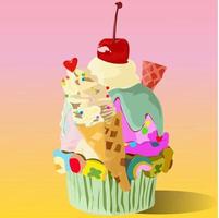 vector and illustration, Cupcakes, decorated with ice cream and sprinkled with colorful chocolate and red cherries