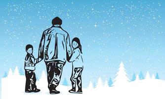 Illustration of a father holding his hands tightly and walking with children looking behind him on snowy roads in winter.