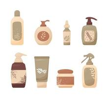 Set of various colorful cosmetic bottles, jars and tubes with herbal decoration on labels. Eco-friendly cream, lotion, shampoo, soap, foam, shower gel clipart for design. Isolated on white background. vector