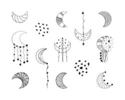 Set of hand drawn various doodle moon crescents decorated with stars, stripes, cobweb, hearts, beads, dots in boho style. Isolated on white background vector
