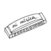 Hand drawn musical instrument, doodle harmonica. Isolated on white background. vector