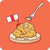 pollo frito con salsa de tomate y tenedor, fondo aislado de diseño ilustrador. vector