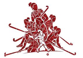 Silhouette Group of Field Hockey Sport Team Female Players Action Together vector