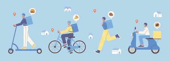 A collection of delivery men delivering goods by various means of transportation. vector