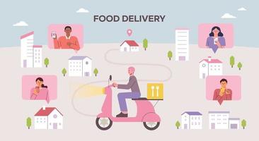 A delivery man is delivering goods. There are people ordering food on their mobile phones in the houses on the map. vector