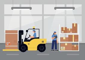 Delivery boxes of various sizes are stacked in a warehouse. A forklift is moving a large box and another employee is checking it. vector