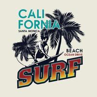 Vector illustration on the theme of surfing and surfing in California, Santa Monica beach. Typography, t-shirt graphics, print, posters, banners and other uses