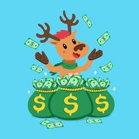 Vector cartoon happy christmas reindeer with money bags