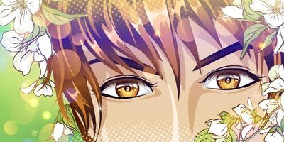 Brown eyes of a young man with flowers in anime style. Happy look. vector