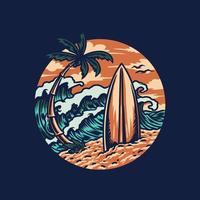 diseño gráfico de camiseta de playa de verano de surf, línea dibujada a mano con color digital, ilustración vectorial vector