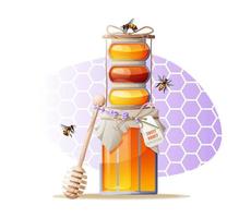 Honey jars, wooden spoon and bees. Sweet and healthy food. Natural product. Vector illustration of honey products.