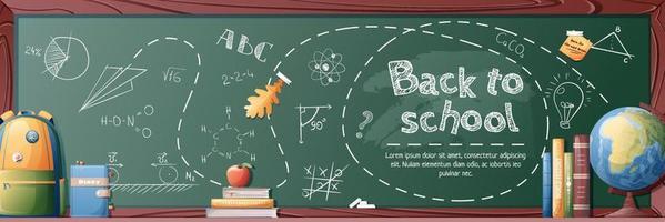 Banner template with school board, globe, briefcase and chalk lettering. Back to school, knowledge day. Banner, poster, brochure, background, etc. vector