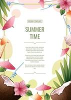 Flyer template design with coconut cocktail, flowers. Summertime, beach party, bar, refreshing drinks. Banner, flyer, poster A4 size for advertising vector