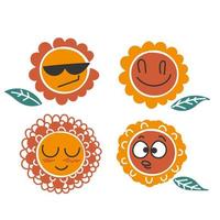 hand drawn doodle flowers with cartoon funny smiling faces illustration vector